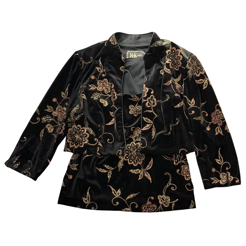 R&K Evening Jacket Top Set Womens 8P Black Velvet‎ Floral Glitter Holiday Formal